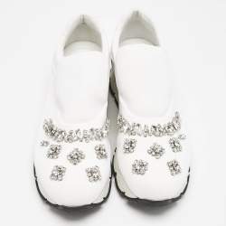 Prada White Nylon Crystal Embellished Slip On Sneakers Size 38.5