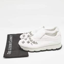 Prada White Nylon Crystal Embellished Slip On Sneakers Size 38.5