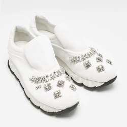Prada White Nylon Crystal Embellished Slip On Sneakers Size 38.5