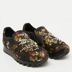Prada Black Brocade Fabric Crystal Embellished Slip On Sneakers Size 37
