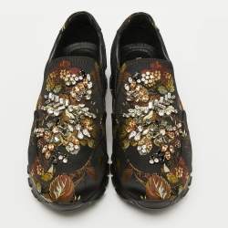 Prada Black Brocade Fabric Crystal Embellished Slip On Sneakers Size 37