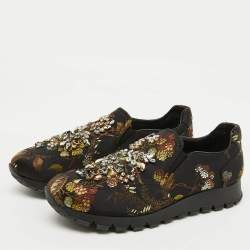 Prada Black Brocade Fabric Crystal Embellished Slip On Sneakers Size 37