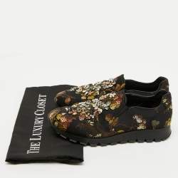 Prada Black Brocade Fabric Crystal Embellished Slip On Sneakers Size 37