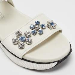 Prada White Leather Stud Embellished Ankle Strap Flat Sandal Size 37