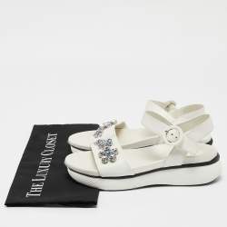 Prada White Leather Stud Embellished Ankle Strap Flat Sandal Size 37