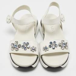 Prada White Leather Stud Embellished Ankle Strap Flat Sandal Size 37
