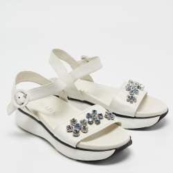 Prada White Leather Stud Embellished Ankle Strap Flat Sandal Size 37