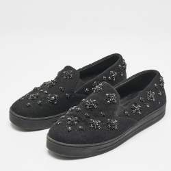 Prada Black Felt Crystal Embellished Slip On Sneakers Size 39