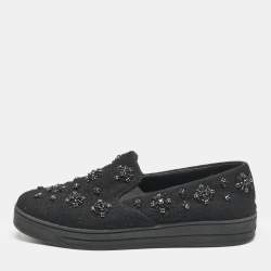 Prada Black Felt Crystal Embellished Slip On Sneakers Size 39