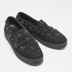 Prada Black Felt Crystal Embellished Slip On Sneakers Size 39