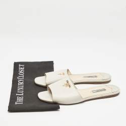 Prada Grey Saffiano Leather Flat Slides Size 39.5