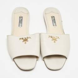 Prada Grey Saffiano Leather Flat Slides Size 39.5