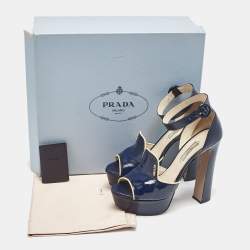 Prada Navy Blue Saffiano Patent Leather Ankle Strap Platform Sandals Size 38.5
