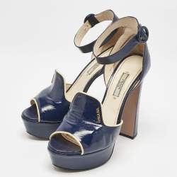 Prada Navy Blue Saffiano Patent Leather Ankle Strap Platform Sandals Size 38.5