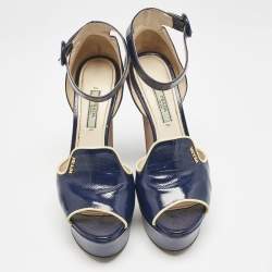 Prada Navy Blue Saffiano Patent Leather Ankle Strap Platform Sandals Size 38.5