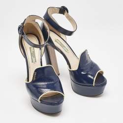 Prada Navy Blue Saffiano Patent Leather Ankle Strap Platform Sandals Size 38.5