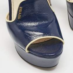 Prada Navy Blue Saffiano Patent Leather Ankle Strap Platform Sandals Size 38.5