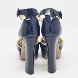 Prada Navy Blue Saffiano Patent Leather Ankle Strap Platform Sandals Size 38.5