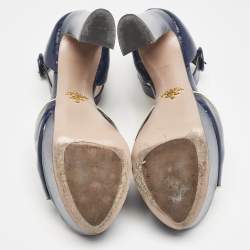 Prada Navy Blue Saffiano Patent Leather Ankle Strap Platform Sandals Size 38.5