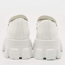 Prada White Leather Monolith Triangle Logo Loafers Size 39