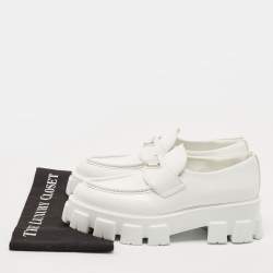 Prada White Leather Monolith Triangle Logo Loafers Size 39