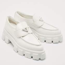 Prada White Leather Monolith Triangle Logo Loafers Size 39