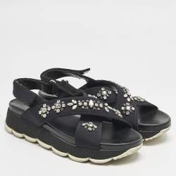 Prada Black Neoprene Crystal Embellished Flat Sandals Size 39