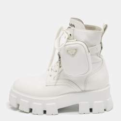 Prada White Leather and Nylon Monolith Combat Boots Size 38.5