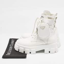 Prada White Leather and Nylon Monolith Combat Boots Size 38.5