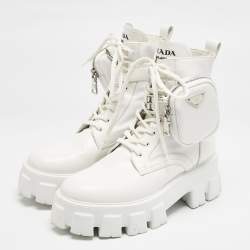Prada White Leather and Nylon Monolith Combat Boots Size 38.5