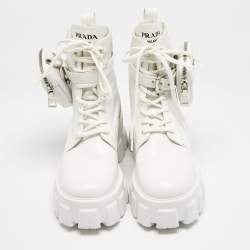 Prada White Leather and Nylon Monolith Combat Boots Size 38.5