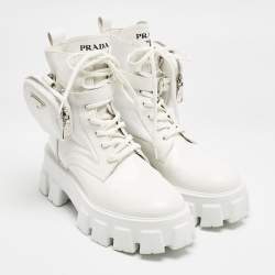 Prada White Leather and Nylon Monolith Combat Boots Size 38.5