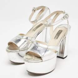 Prada Silver Leather Platform Ankle Strap Sandals Size 36.5
