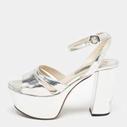 Prada Silver Leather Platform Ankle Strap Sandals Size 36.5