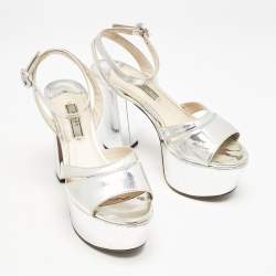 Prada Silver Leather Platform Ankle Strap Sandals Size 36.5