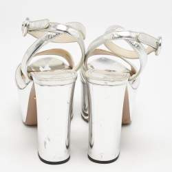 Prada Silver Leather Platform Ankle Strap Sandals Size 36.5