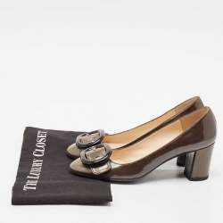 Prada Olive Green Patent Leather Buckle Square Toe Pumps Size 36.5