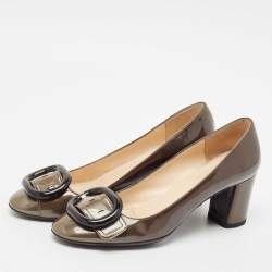 Prada Olive Green Patent Leather Buckle Square Toe Pumps Size 36.5
