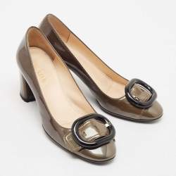 Prada Olive Green Patent Leather Buckle Square Toe Pumps Size 36.5