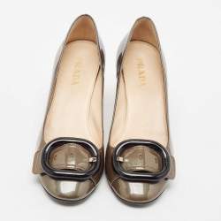Prada Olive Green Patent Leather Buckle Square Toe Pumps Size 36.5