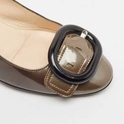 Prada Olive Green Patent Leather Buckle Square Toe Pumps Size 36.5