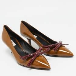 Prada Brown/Burgundy Patent Leather Bow Pointed Toe Pumps Size 38.5