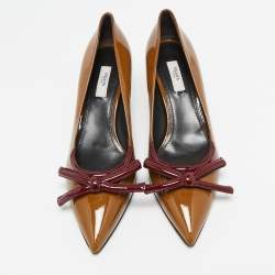 Prada Brown/Burgundy Patent Leather Bow Pointed Toe Pumps Size 38.5