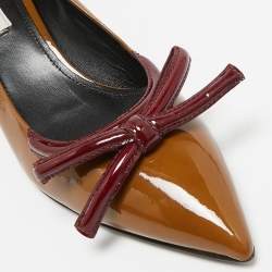 Prada Brown/Burgundy Patent Leather Bow Pointed Toe Pumps Size 38.5