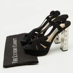 Prada Black Suede Crystal Embellished Heel Platform Sandals Size 38