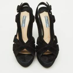 Prada Black Suede Crystal Embellished Heel Platform Sandals Size 38