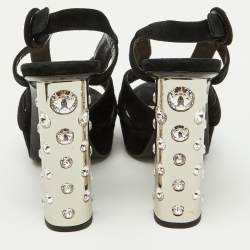 Prada Black Suede Crystal Embellished Heel Platform Sandals Size 38