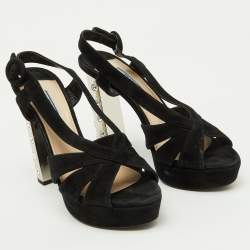 Prada Black Suede Crystal Embellished Heel Platform Sandals Size 38