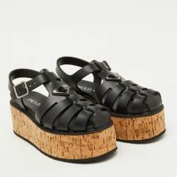 Pre Owned Prada Black Rubber Monolith Cage Cork Platform Sandals Size 39