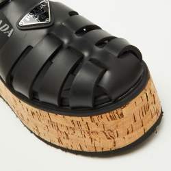Pre Owned Prada Black Rubber Monolith Cage Cork Platform Sandals Size 39